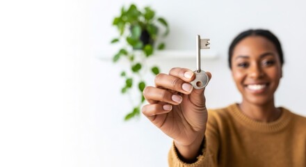 Woman showing key to new home. Real estate and property ownership concept for banner with copy space.