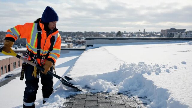 A worker in safety gear shovels heavy snow from a building's rooftop. Professional winter maintenance and snow removal service. Manual labor job concept