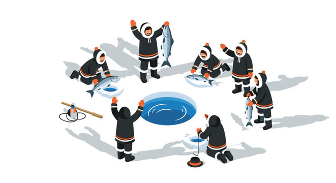 Isometric arctic ice fishing scene with inuit figures and catch
