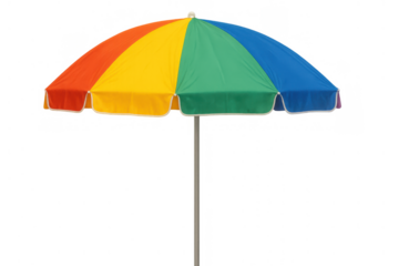 Colorful rainbow beach umbrella providing shade during summer vacation season, isolated on transparent background