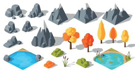 Isometric landscape elements with mountains, rocks, trees, and water features for game design