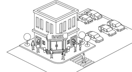 Bank building exterior with atm and parking lot illustration art editable vector
