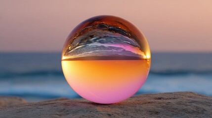 Close-up of a spherical object on a rock. the object appears to be made of glass or a similar material, with a shiny surface.