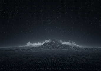 A digitally rendered mountain landscape with clouds swirling around its peak, set against a dark, starry sky and textured ground.
