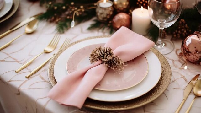 Elegant dinner table setup with pink accents and holiday decorations for a cozy gathering