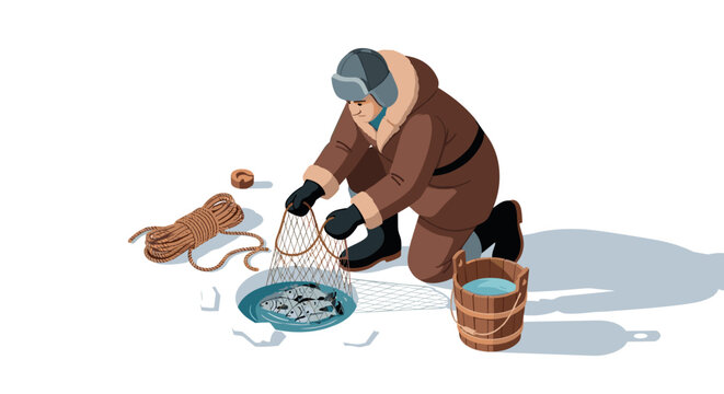 Ice fishing in winter preparing the catch with traditional techniques and gear