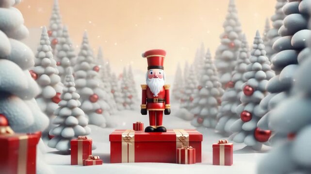 Festive nutcracker stands proudly among snowy trees and presents in a winter wonderland setting