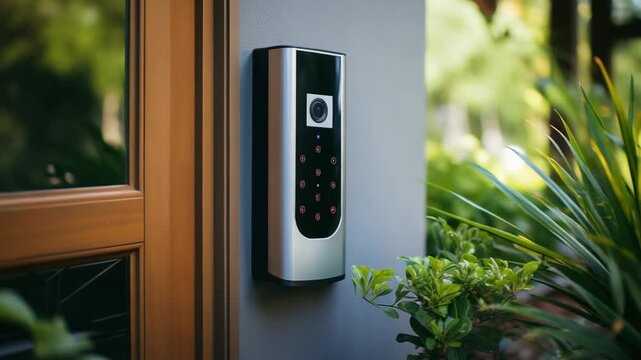 Smart doorbell installed in a modern home garden with green plants and sunlight