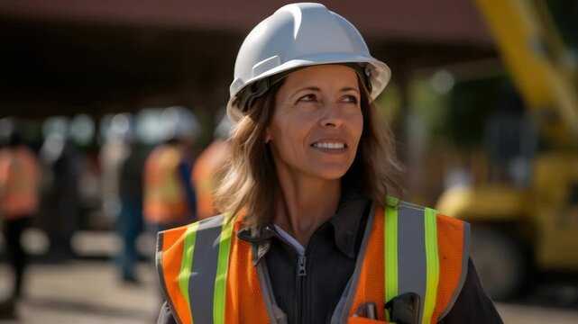 Construction site progress with a female worker wearing a safety helmet and reflective vest smiling while observing coworkers at a busy work area