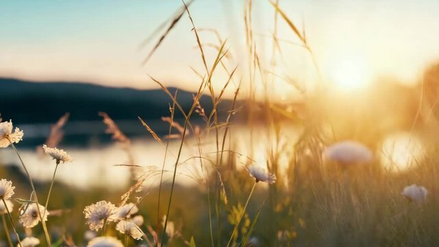 Beautiful sunrise over a calm lake with blooming wildflowers and gentle grass swaying in the breeze