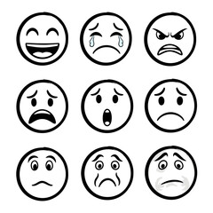 Collection of Black and White Cartoon Emoji Faces Expressing Various Emotions.