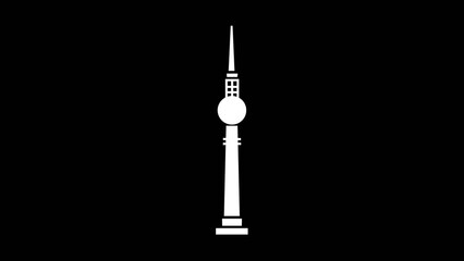 Obraz premium White tower animation on black background. Simple minimal line icon representing communication tower, broadcast antenna, observation tower, or landmark design. Perfect for technology intro