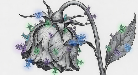Fading Rose with Glowing Robotic Insects, Detailed Monochrome Drawing on Transparent Background.