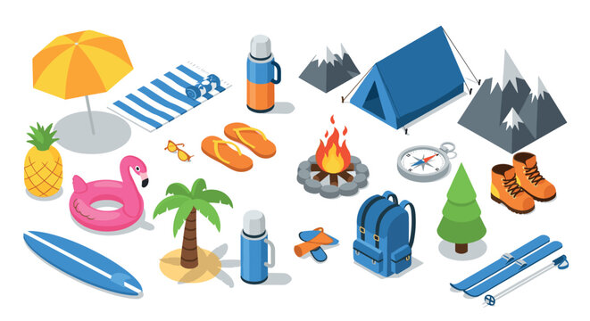 Isometric summer camping essentials with adventure gear and relaxation items