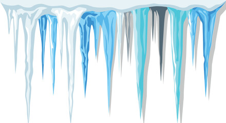 Realistic frozen icicles dripping with ice and snow in winter