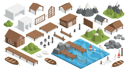 Isometric camping and fishing scene with cabins, boats, and mountains