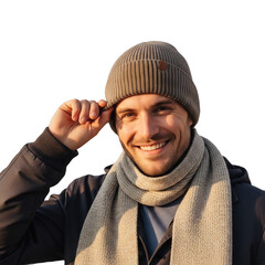 Stylish man in unbranded winter beanie, scarf, and jacket, smiling warmly, adjusting hat. Perfect for winter fashion, holiday sales, cozy apparel ads, e-commerce product display.
