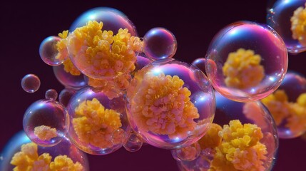 Obraz premium Close-up of a group of bubbles floating in the air. the bubbles are of different sizes and shapes, with some being larger and others smaller.