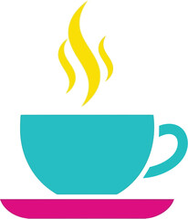 Steaming hot teal coffee cup on pink saucer