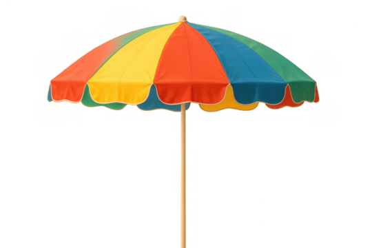 Colorful striped beach umbrella providing shade during summer, holiday and vacation enjoying sunny outdoor relaxation