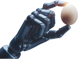Robotic hand carefully holding an egg isolated on transparent background, symbolizing balance between technology and life.