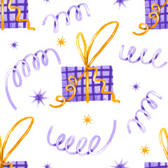 Obraz premium Hand drawn present gift seamless pattern. Watercolor illustration. Hand drawn isolated textile, wrapping paper print. Celebrate