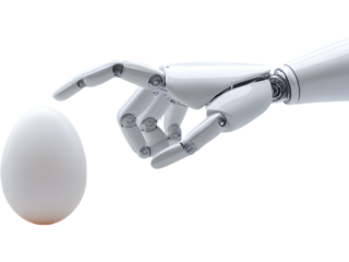 Robotic hand carefully holding an egg isolated on transparent background, symbolizing balance between technology and life.