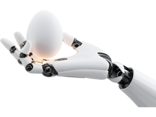 Robotic hand carefully holding an egg isolated on transparent background, symbolizing balance between technology and life.