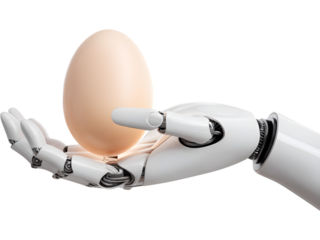 Robotic hand carefully holding an egg isolated on transparent background, symbolizing balance between technology and life.