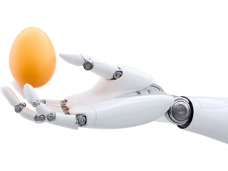 Robotic hand carefully holding an egg isolated on transparent background, symbolizing balance between technology and life.