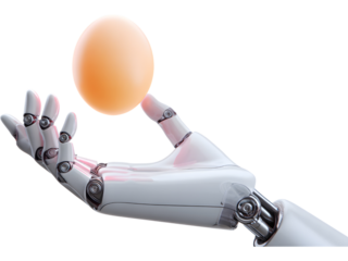 Robotic hand carefully holding an egg isolated on transparent background, symbolizing balance between technology and life.