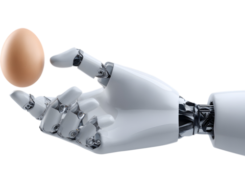 Robotic hand carefully holding an egg isolated on transparent background, symbolizing balance between technology and life.