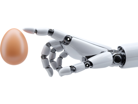Robotic hand carefully holding an egg isolated on transparent background, symbolizing balance between technology and life. - Powered by Adobe