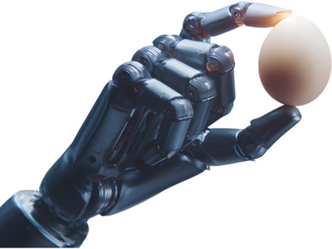 Robotic hand carefully holding an egg isolated on transparent background, symbolizing balance between technology and life.