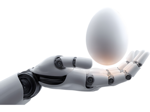 Robotic hand carefully holding an egg isolated on transparent background, symbolizing balance between technology and life. - Powered by Adobe