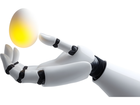 Robotic hand carefully holding an egg isolated on transparent background, symbolizing balance between technology and life. - Powered by Adobe