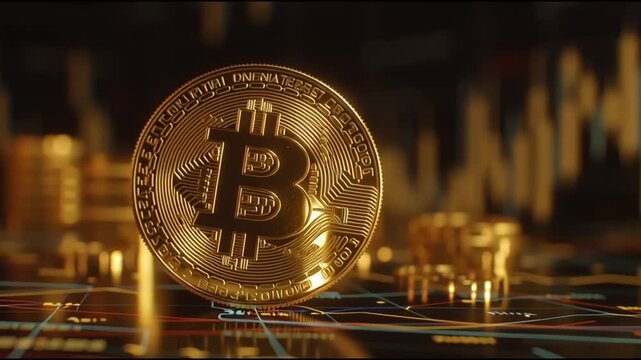 Close-up of a physical Bitcoin coin on a financial market background, illustrating cryptocurrency and investment trends.