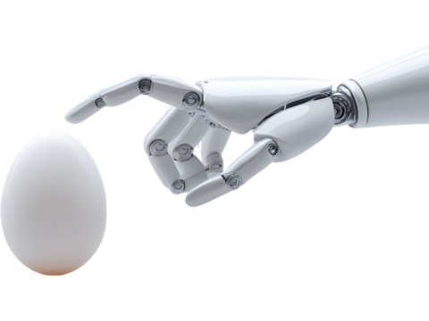 Robotic hand carefully holding an egg isolated on transparent background, symbolizing balance between technology and life.