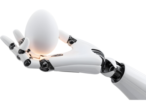 Robotic hand carefully holding an egg isolated on transparent background, symbolizing balance between technology and life. - Powered by Adobe