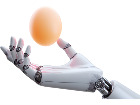 Robotic hand carefully holding an egg isolated on transparent background, symbolizing balance between technology and life.