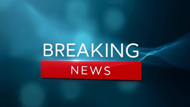 Dynamic breaking news graphic with white text and a red banner animating over a modern, abstract blue background with light flares and flowing lines, ideal for television broadcast intros