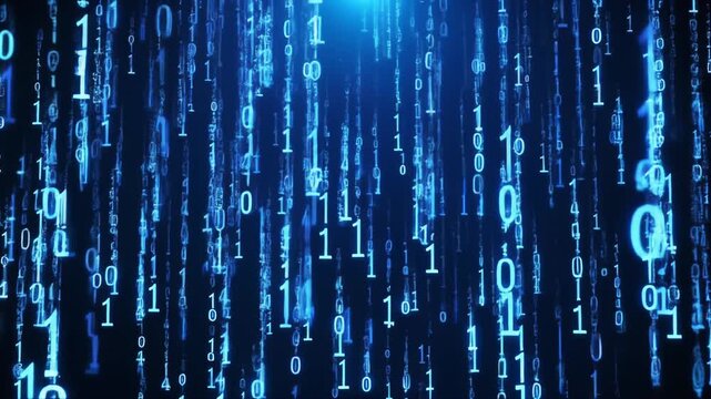 Abstract design with binary numbers falling against a dark background.