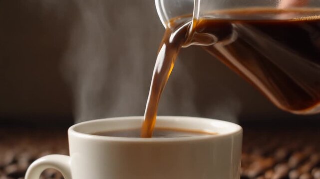 A steaming cup of coffee being poured from a glass carafe, inviting and aromatic.