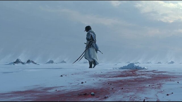 Warrior Limping Across Snowy Battlefield Silent Grief