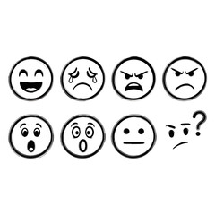 Collection of expressive black and white emoji faces conveying various emotions.