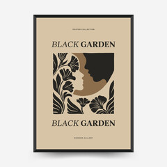 Abstract vector poster with mirrored human profiles and floral composition in circular contrast frame