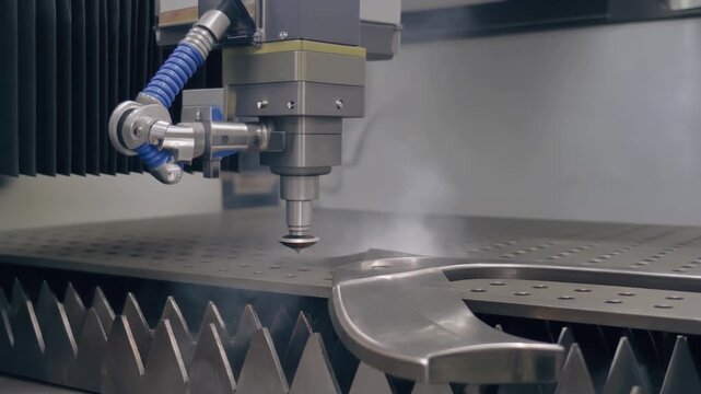 Close-up of a laser cutting machine in action, showcasing sparks and precision work.