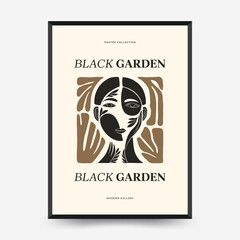 Abstract vector poster with stylized human face and botanical hands in earthy tones