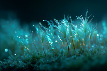 Abstract close up moss in vibrant blue light with soft glowing elements. Digital nature concept