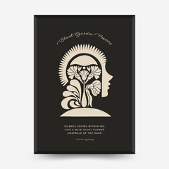 Abstract vector poster with stylized human profile and blooming flowers in silhouette composition